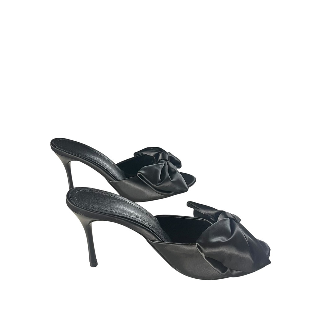 Satin Bow Stiletto Mules High Heels Women Size 8 Black Coquette Chic EU 39 - Picture 9 of 12